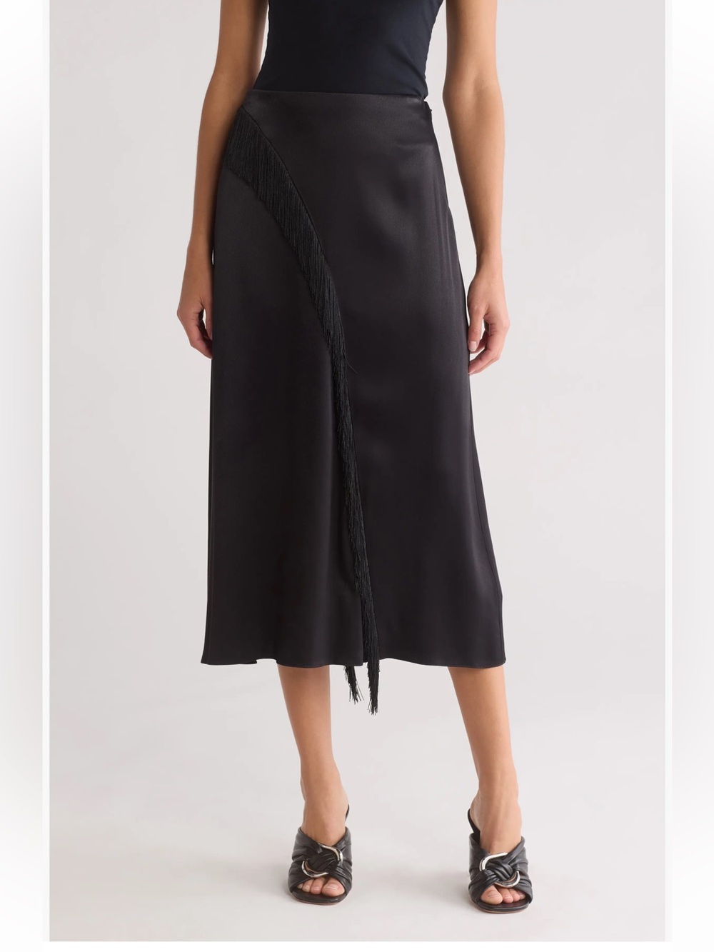 NWT 🎥 VINCE Fringe A-Line Black Fringe-Trim Midi Skirt